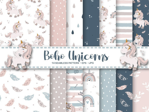 Boho Unicornio Pastel - Kit Papeles Digitales  