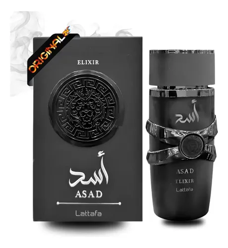 Frasco do perfume Asad Elixir ao lado de sua caixa preta com detalhes em relevo