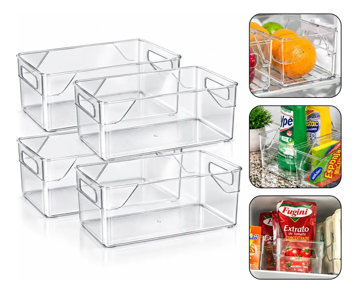Kit 4 Organizadores Multiuso Em Acrílico Transparente Ideal Para Cozinha, Geladeira E Armário