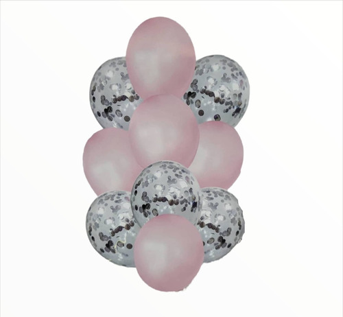 Set 10 Globos Rosa Plata Cristal Latex Confetti Apto Helio