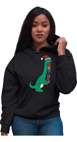 Sudadera Unisex Negra Navideña De Dinosaurio Cuello Largo 