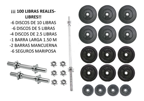 Kit 100 Libras En Discos Libres+ Barra1.50+ Barras Mancuerna