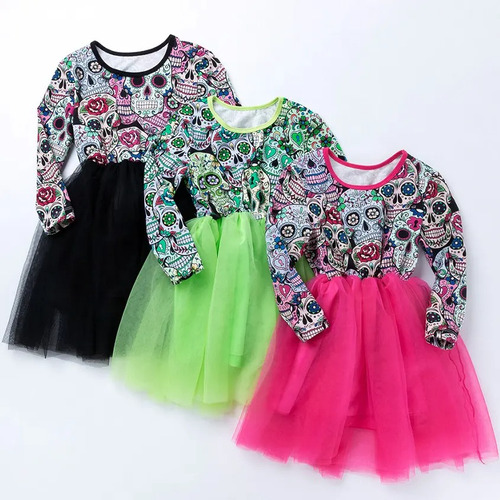 Vestido De Calavera Disfraz Halloween Manga Larga Y Tutu Para Niñas