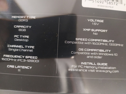 Memoria 8gb Ram Ddr3 Pny 1600mhz