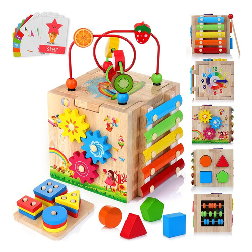 Hellowood Wooden Activity Cube, 8-en-1 Montessori Toys Set D