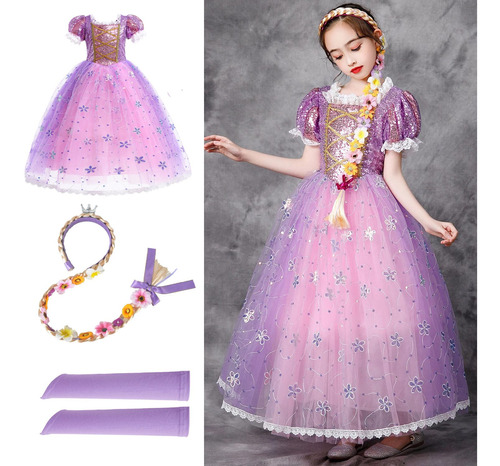 Vestido De Manga Corta #4pcs Tangled Princess Rapunzel Para