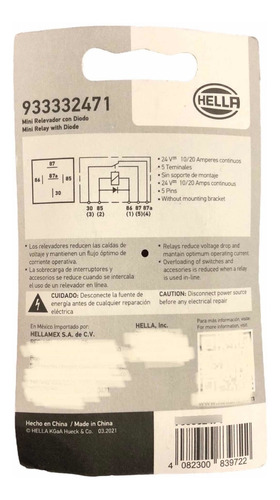 Mini Relevador Relay Con Diodo Hella 24v 10/20a 5 Terminales