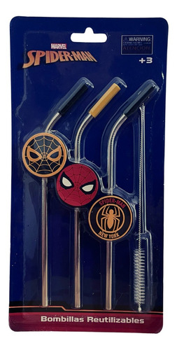 Set 3 Bombillas Acero Inoxidable Spiderman Marvel +limpiador