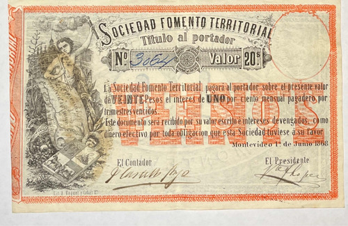 Billete Uruguay Antiguo 1868 Título Fomento Territorial
