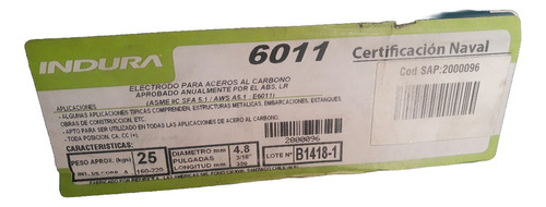 Electrodo Celulosico E 6011 Marca Indura Diametro 4,8mmx 5kg