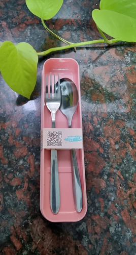 2 Set Cubiertos + Porta Cubierto Tenedor Cuchara Acero Inox Rosa 2
