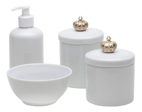 Kit Higiene Porcelana Bebe Potes Molhadeira Coroa Ouro