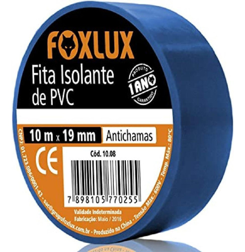 Fita Isolante Pvc Antichamas 10m X 19mm Azul 1 Un. Foxlux