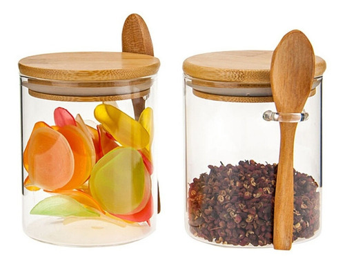Pote De Vidro Porta Tempero Com Tampa Colher De Bambu 480ml