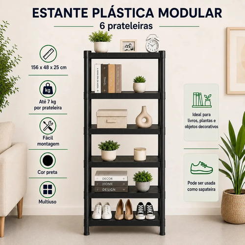 Estante Plastica Modular 6 Prateleiras Multiuso Organizadora Preta - Marianopole