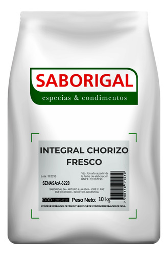 Condimento Integral Chorizo Fresco Saborigal X 10 Kgrs