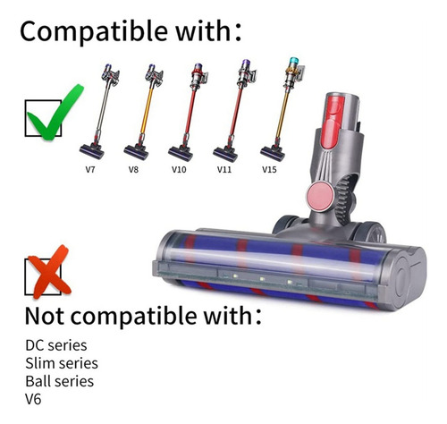 Para Dyson V7 V8 V10 Rodillo Suave Cepillo Barra Led Faros F