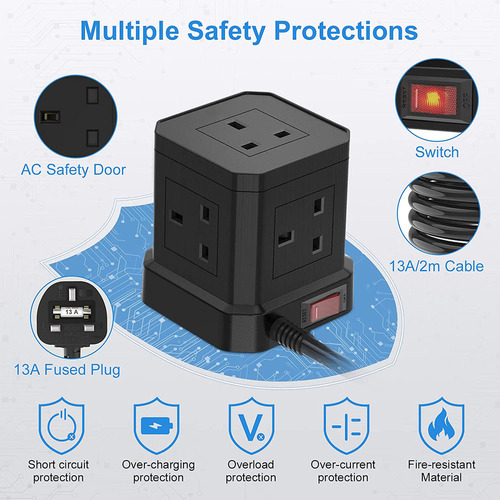 Cabo De Extensão Em Cubo Com Usb, Plugue De 5 Vias, 4 Usb, C