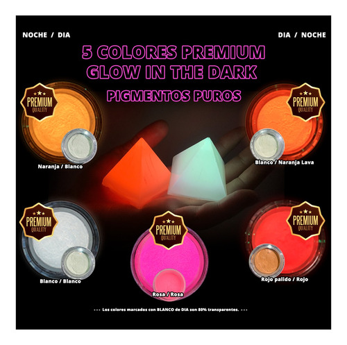 5 Colores 50gr - Pigmento Polvo Glow In The Dark - Fuba -
