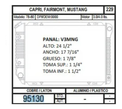 Radiador 95130 Capri / Fairmont / Mustang 78-80 3.0 / 4.0