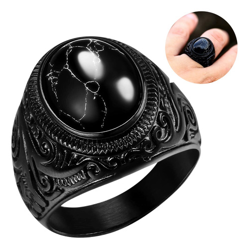 Anillo Vikingo Nordico Piedra Acero Color Negro Para Hombre