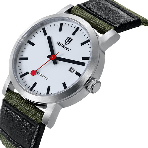 Berny Reloj Automatico Clasico Para Hombre De Pulsera Verde Plateado Blanco