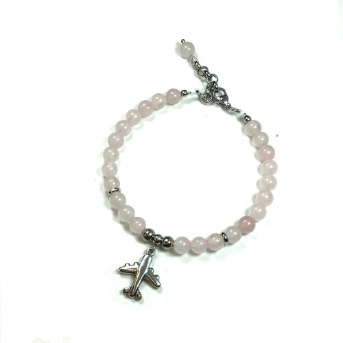 Pulsera De Cuarzo Rosa Con Dije En Forma De Avión. Acero 