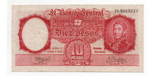 Billete Argentina 10 Pesos Moneda Nacional Bottero 1969a