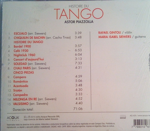 Cd R. Gintoli - M.i. Siewers Histoire Du Tango A. Piazzolla