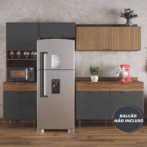 Armário de Cozinha Completa 4 Portas Ripado 3D 1 Gaveta Nicho Para Micro Ondas Madeirado e Grafite Vitória Batrol