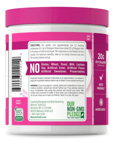 Nature's Truth Suplemento de Colágeno en polvo tipo 1 y 3 7oz 198g para 10 porciones