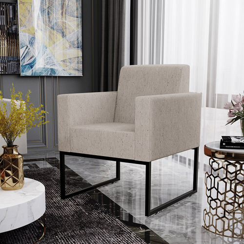 Kit 02 Poltronas Decorativas para Sala Recepção Base Fixa De Metal Helô L02 Linho Bege