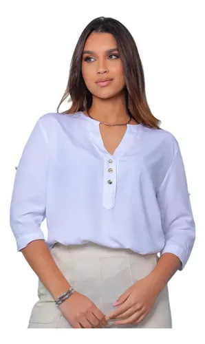 Camisa Social Feminina Manga 3/4 Viscolinho Liso