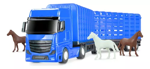 Caminhão Haras Carreta Bitrem Petroleum Azul com Cavalo Roma Brinquedos