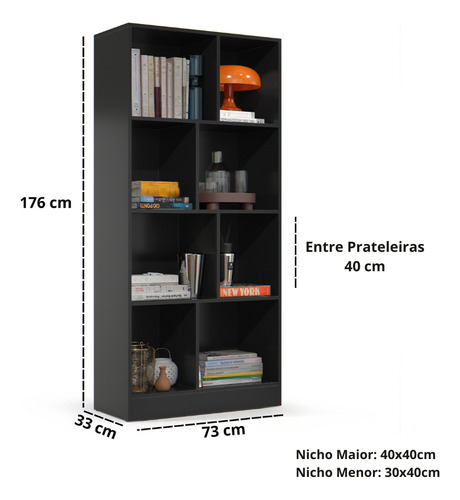 Estante Para Livros Rios Com 8 Prateleiras E Divisórias Cor Preto