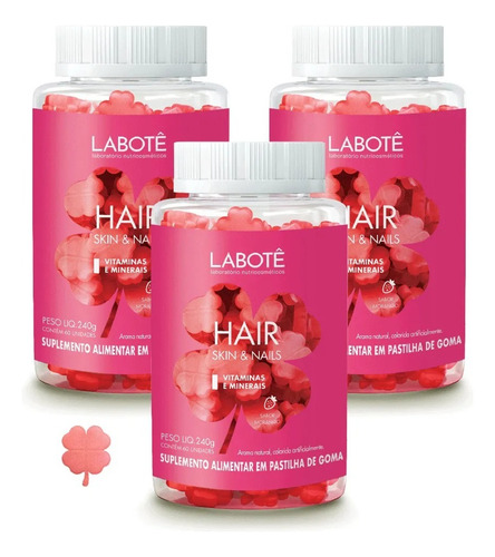 Labotê Kit De Vitamina Em Goma Cabelo, Pele, Unha 3 Unidades Sabor Morango