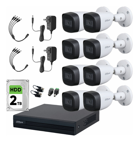 Dahua Kit De Circuito Cerrado 8 Cámaras Metalicas 2 Mp Con Microfono Integrado + 2 Tb Disco Duro Y  Transceptores Kit De Video Vigilancia Con Busqueda Inteligente De Alta Resolución Dh-kit-met8ch-plus