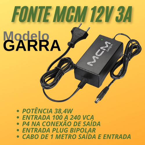 Fonte Mcm Garra 12v 3a Bivolt P/ Cftv, Led E Automação