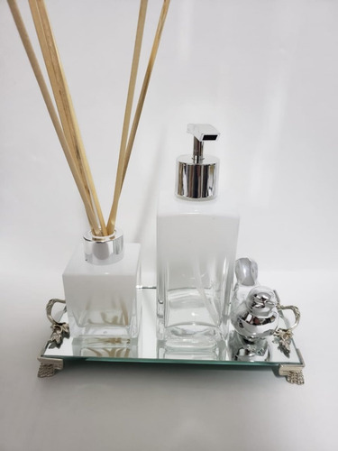 Imagem 1 de 7 de Kit Lavabo Frasco Square Degrade Branco +bandeija Espelhada