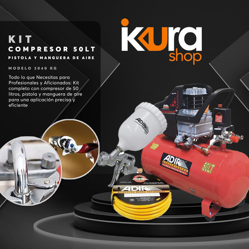 Compresor De Aire 50 Lts + Manguera + Pistola Adir 2040kg Rojo 60hz Monofásica