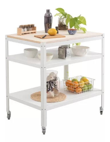 Carrito auxiliar de cocina de hierro pintado en blanco y madera