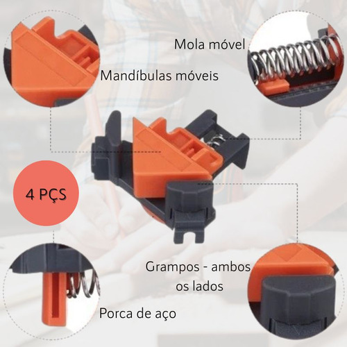 Conjunto 4 Grampos Sargento Cantoneira 90º Graus Ajustável
