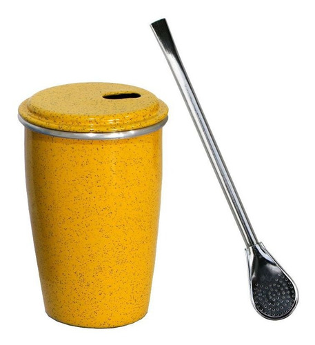 Imagem 1 de 1 de Kit Tereré: Copo Térmico E Bomba Metal Amarelo Gastrobel