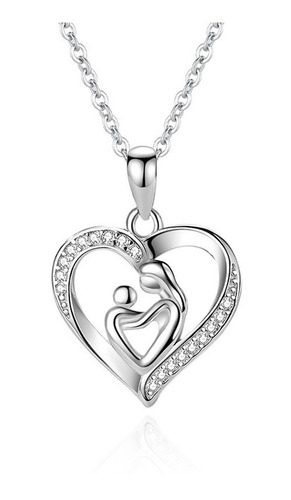 Collar Colgante Corazón Plata S925 Circón Madre Hijo Regalo 