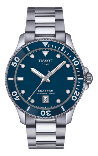 Reloj pulsera Tissot T120.410.11.041.00, analógico, fondo azul, con correa de acero inoxidable color plateado, bisel color plateado y desplegable