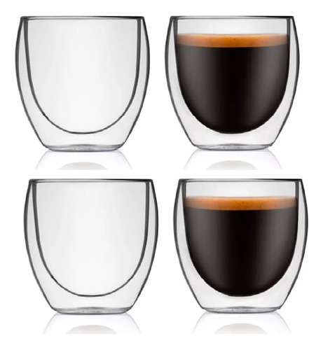 Pack X 4un Vaso Vidrio  Doble Pared  Cafe Taza Pocillo 250ml Color Transparente Incoloro