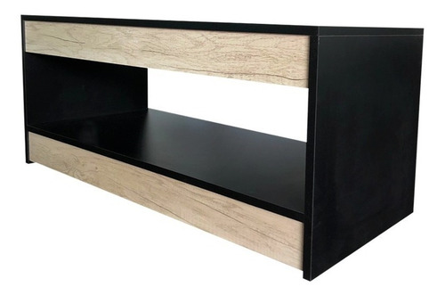 Mesa De Centro Auxiliar Doble Nivel Minimalista Color Negro / Encino Polar