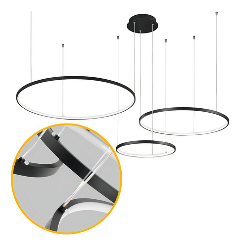 Lustre Pendente Sanlucca S1755 Preto Led Argolas Aneis 3 Aros 115w 3000k 110v/220v