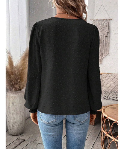 Camiseta Manga Larga De Encaje Con Cuello En V De Moda Mujer