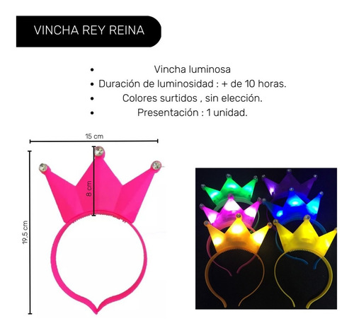 Vincha Corona Led Rey Reina Luminosas X 1 Uni Cotillon Color 6 colores diferentes